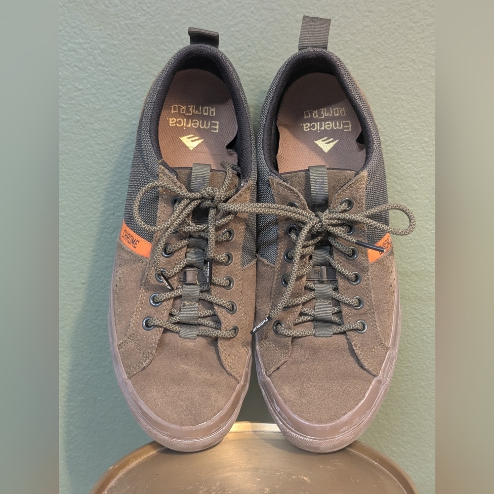 Emerica Chrome Insustries Men's Army Green and Orange Skate Sneakers